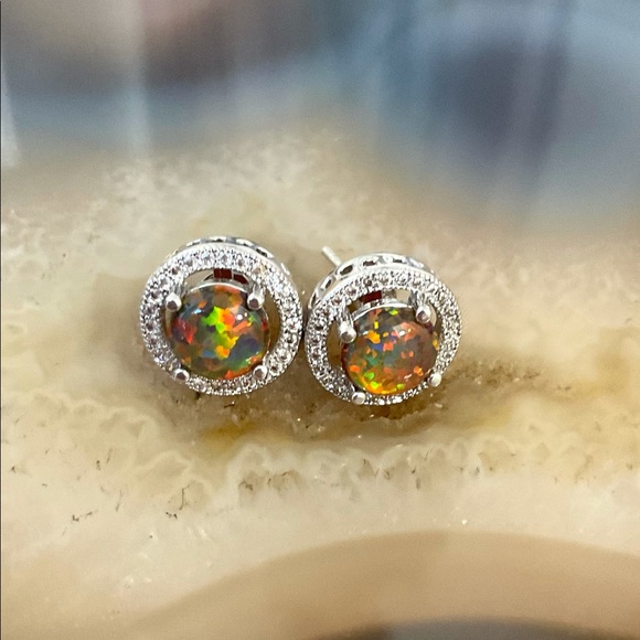 Sterling silver fire opal stud earrings cz halo NEW October Birthstone - Picture 1 of 9
